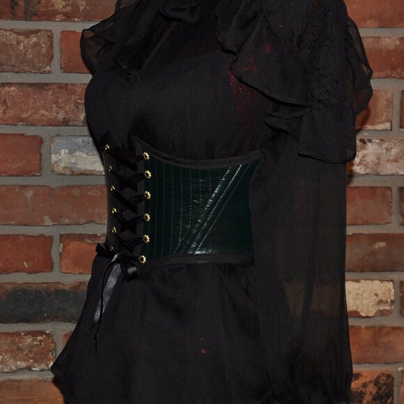 Back & Front Lace-up Corset Belt Dark Shiny Green Faux Leather W/ Boning XS - Picture 3 of 9